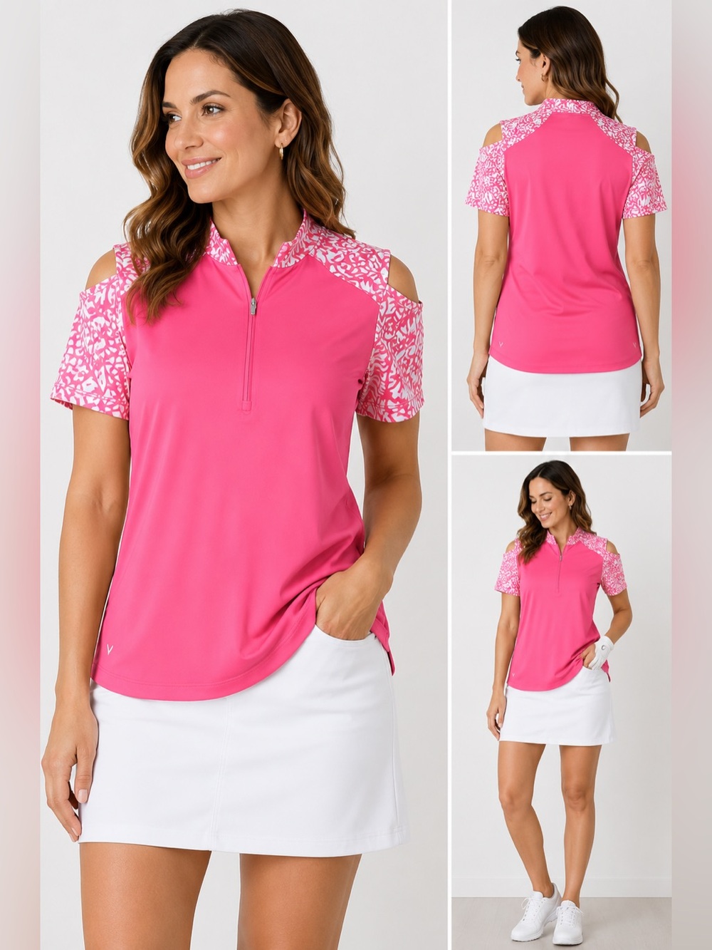 Callaway Pink & White floral Short Sleeve Cold Shoulder Golf Top Size Medium